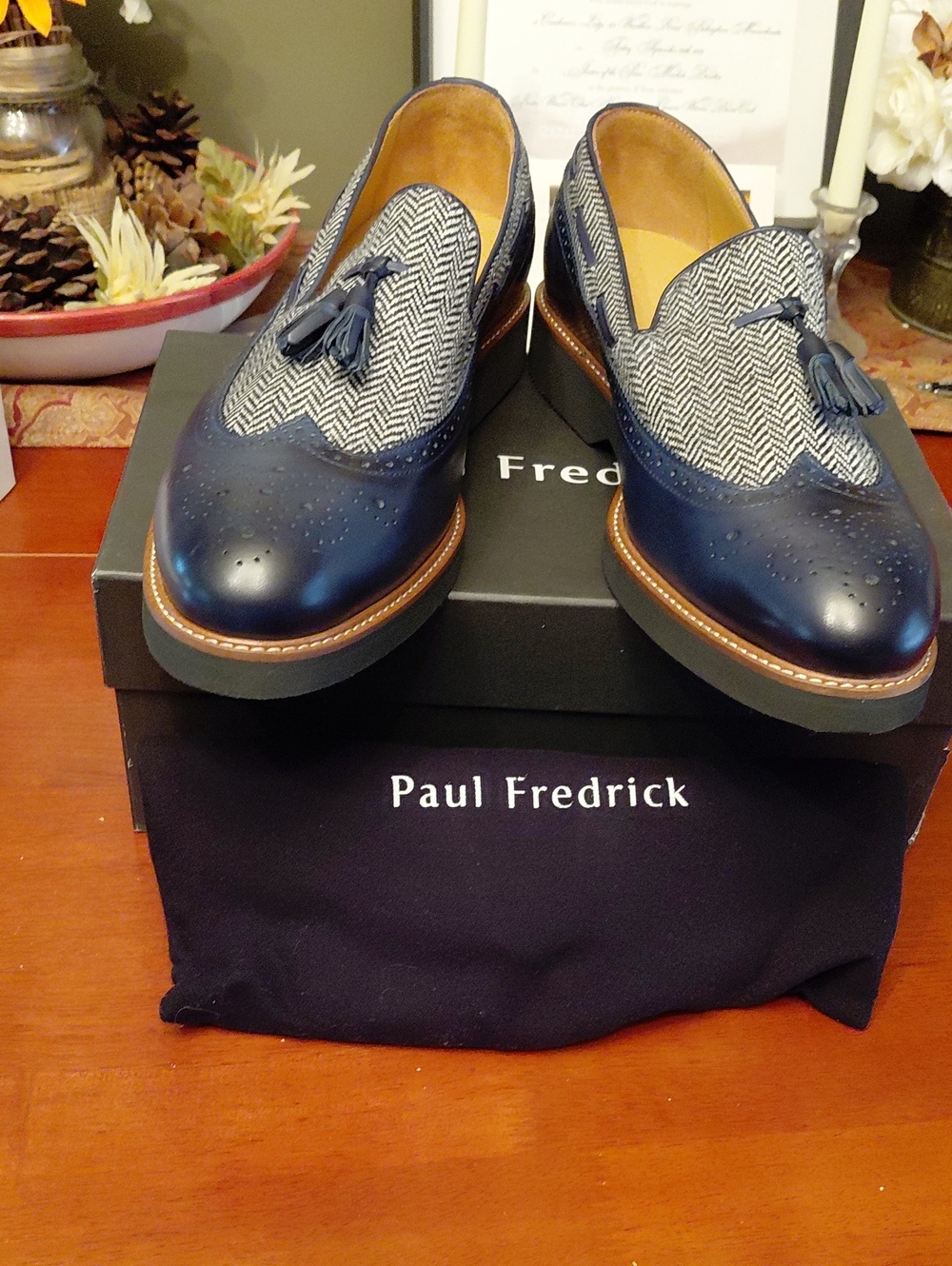 Paul Fredrick Navy and Gray Herringbone Tweed Tassel Loafers. Sz 12 Rubber Sole